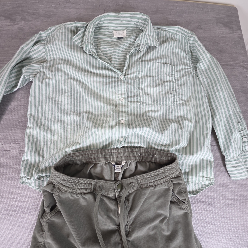American Eagle Striped Button Up + Olive Shorts Set M Casual Summer Outfit